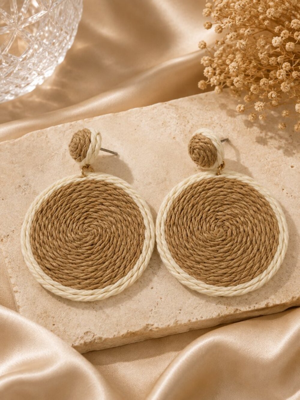 Natural Woven Round Drop Earrings Tan & Cream Boho Statement Women's Jewelry
